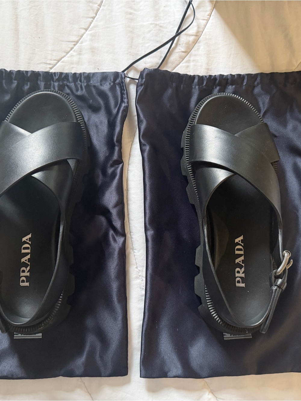 Prada Men’s Black Leather Cross-Strap Platform Sandals